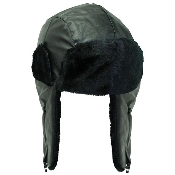 Black Pleather Trapper Hat With Faux Fur Trim - Picture 1 of 8